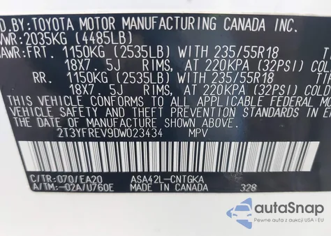 2013 Toyota Rav4 Limited z USA, uszkodzony, nr VIN 2T3YFREV9DW023434